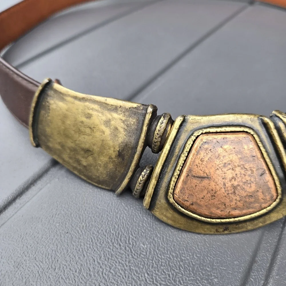 Vintage 80s 'Leather Shop' Brass Copper Tone Buckle Statement